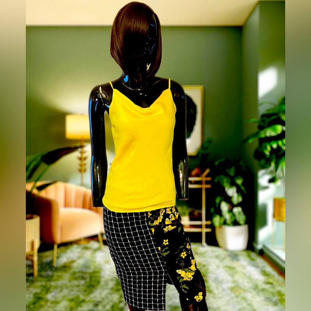 Who What Wear Yellow Black and White Floral and Plaid skirt